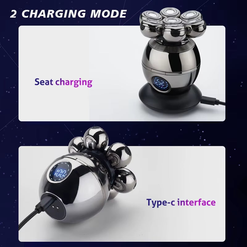 5-in-1 Electric Head Shaver for Men - Advanced 7D Floating Cutter, IPX5 Waterproof, USB Wireless Charging, and Multi-Grooming Kit.