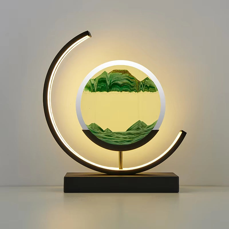 Elegant LED Quicksand Art Hourglass Lamp with Remote Control and 360° Rotation for Home and Bedroom Decoration.