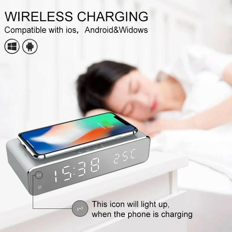 Wireless Charging Dock Station with Time Alarm Clock, LED Digital Thermometer, and Fast Charging for iPhone and Samsung Earphones.