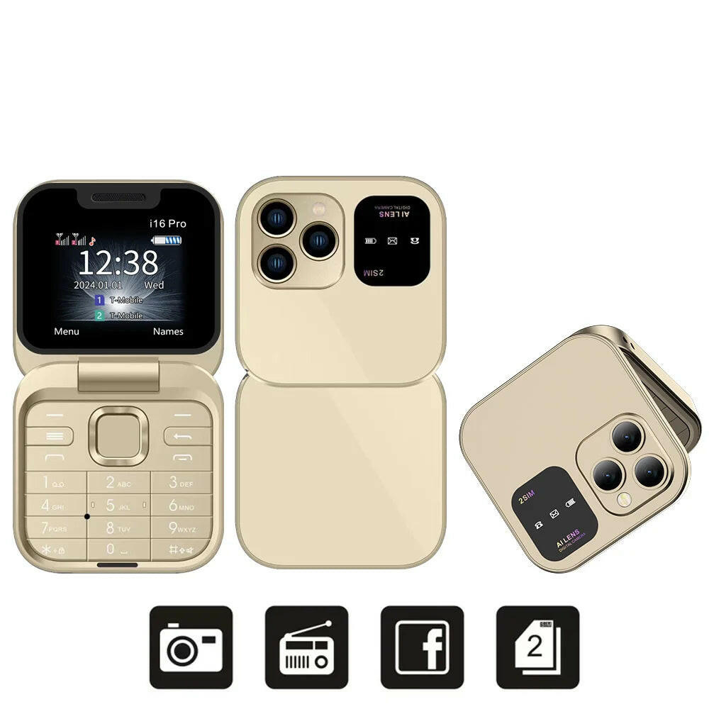 I16Pro Compact Foldable Mobile Phone with Auto Call Recording, Speed Dial, FM Radio, Dual SIM GSM Unlocked.
