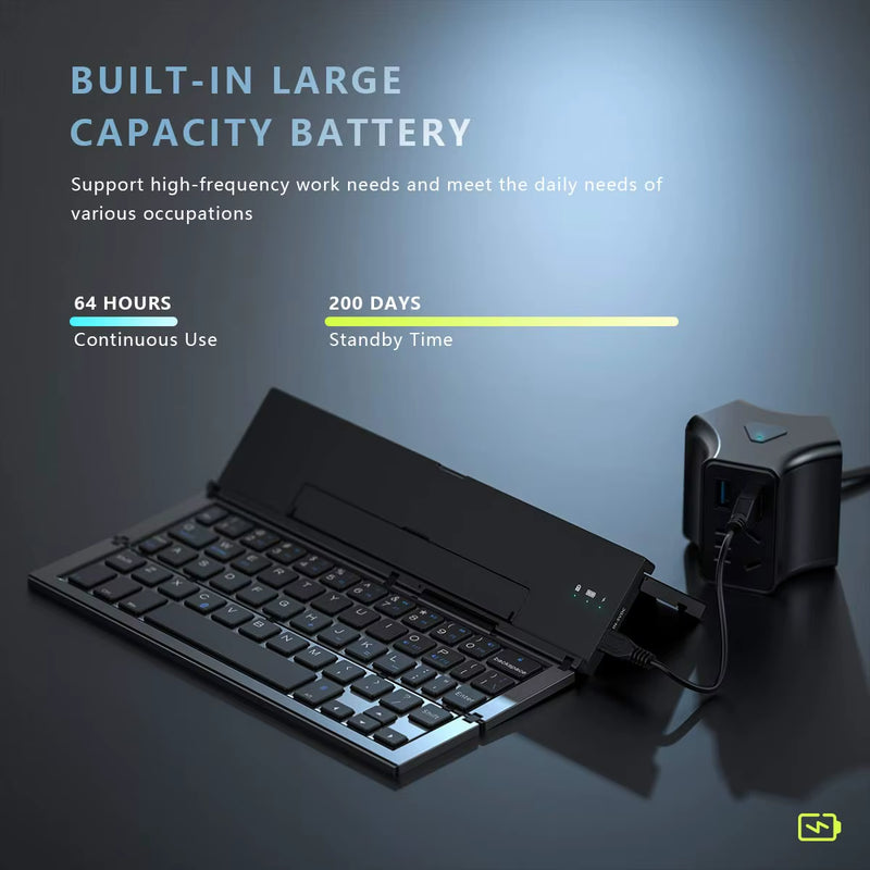 Foldable Bluetooth Wireless Aluminum Keyboard with Integrated Phone Holder, Rechargeable Portable 58-Key Travel Keypad for PC, Laptop, and Tablet