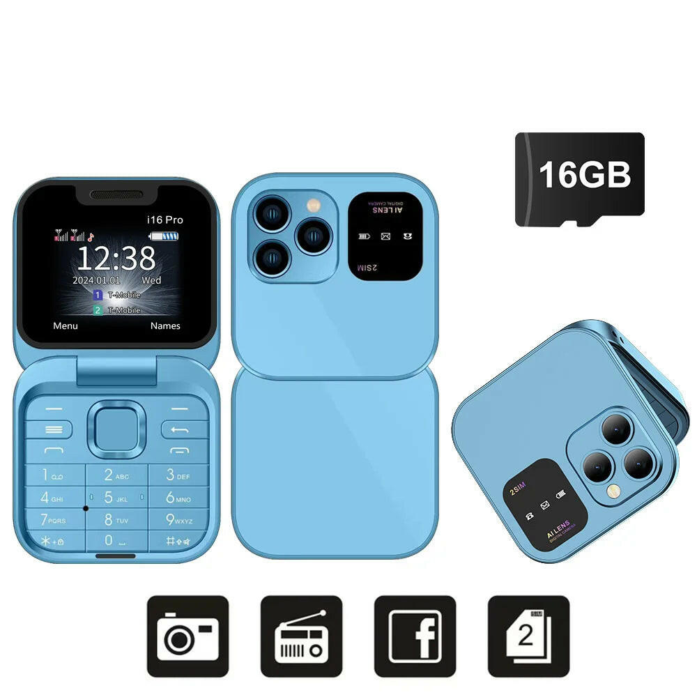 I16Pro Compact Foldable Mobile Phone with Auto Call Recording, Speed Dial, FM Radio, Dual SIM GSM Unlocked.