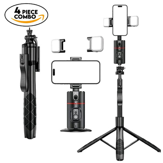 Everything Included- Gimbal Auto Face Tracking- Combo Pack- W/ Separate Extendable Selfie Stick Tripod, Remote Control W/2 Piece LED Lights. 360° Rotatable Selfie Stand Camera Phone Tracking Holder, Phone Stabilizer Selfie Accessories Cellphone Smartphone