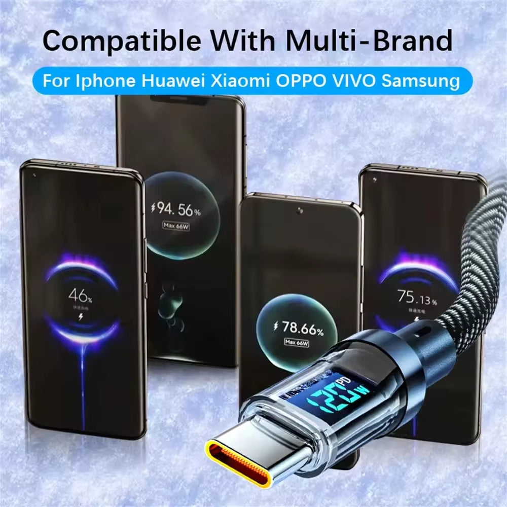 120W LED Digital Display USB Type-C Quick Charge Cable for OPPO, VIVO, and Huawei Fast Charging Data Transfer