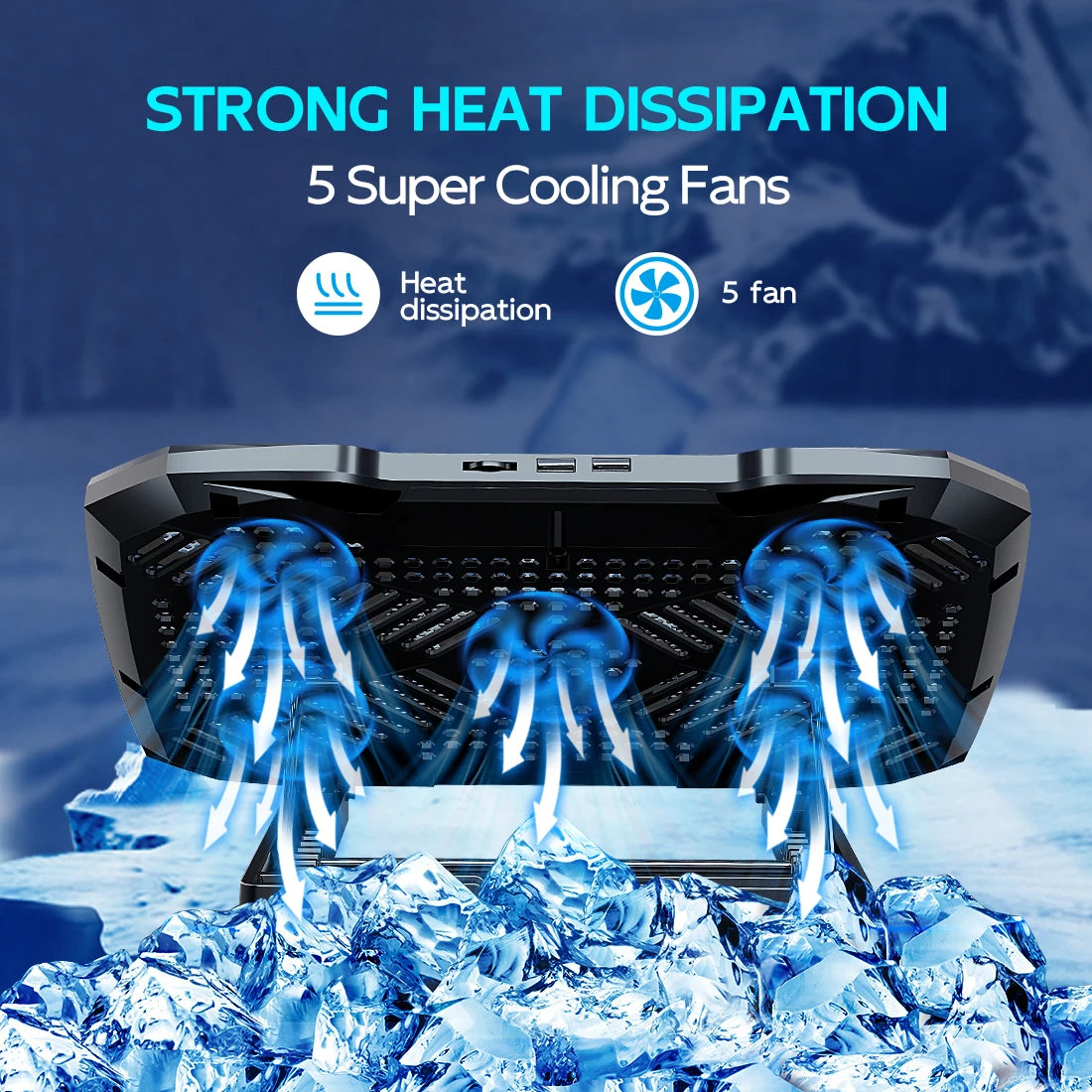 Premium COOLCOLD Laptop Cooling Pad for 12-17 Inch Laptops - Featuring 5 Ultra-Quiet Fans and Adjustable Ergonomic Angles with Integrated Phone Holder.