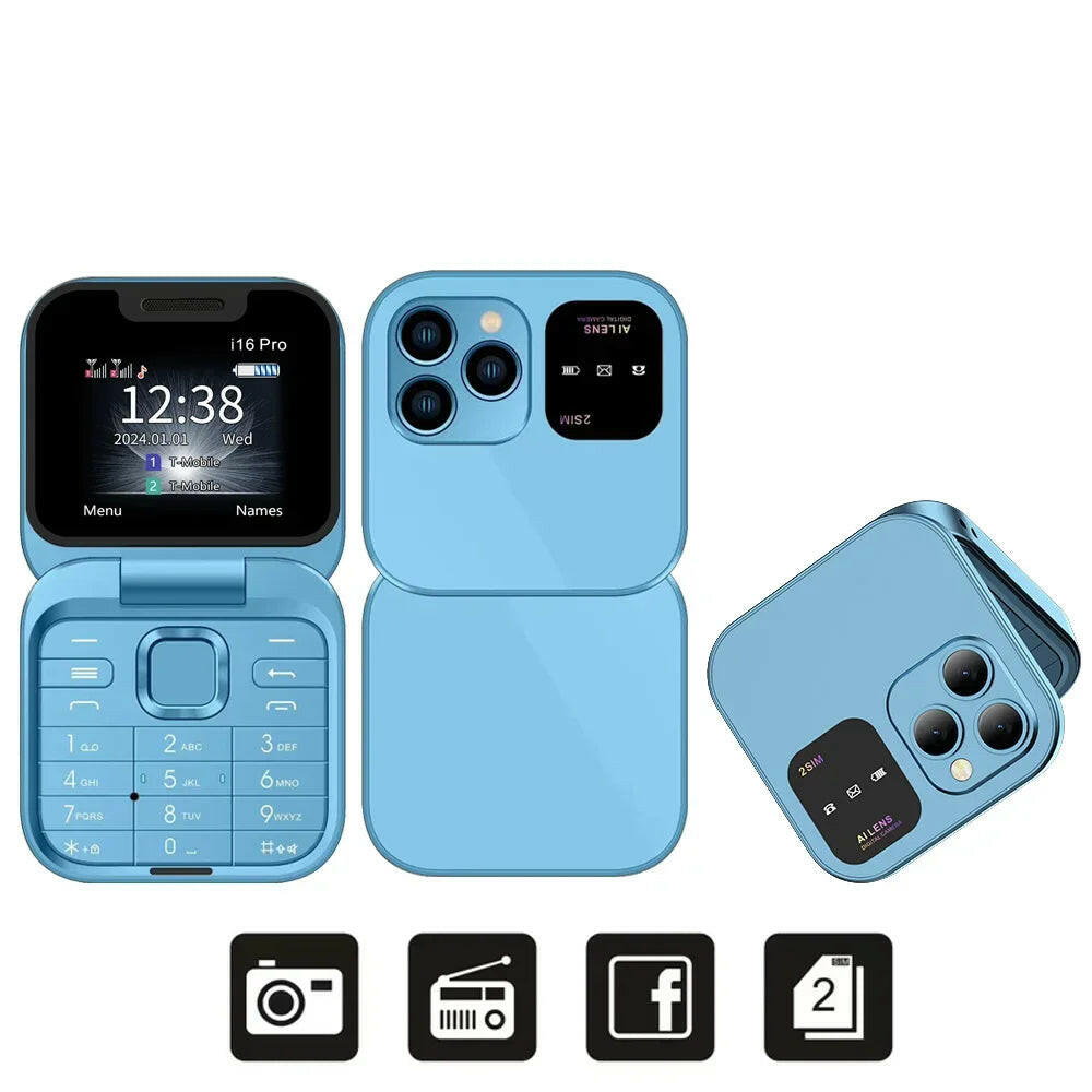 I16Pro Compact Foldable Mobile Phone with Auto Call Recording, Speed Dial, FM Radio, Dual SIM GSM Unlocked.