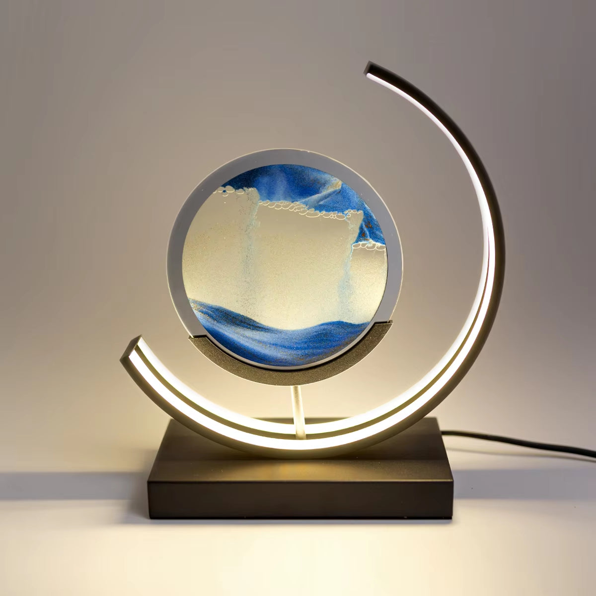Elegant LED Quicksand Art Hourglass Lamp with Remote Control and 360° Rotation for Home and Bedroom Decoration.