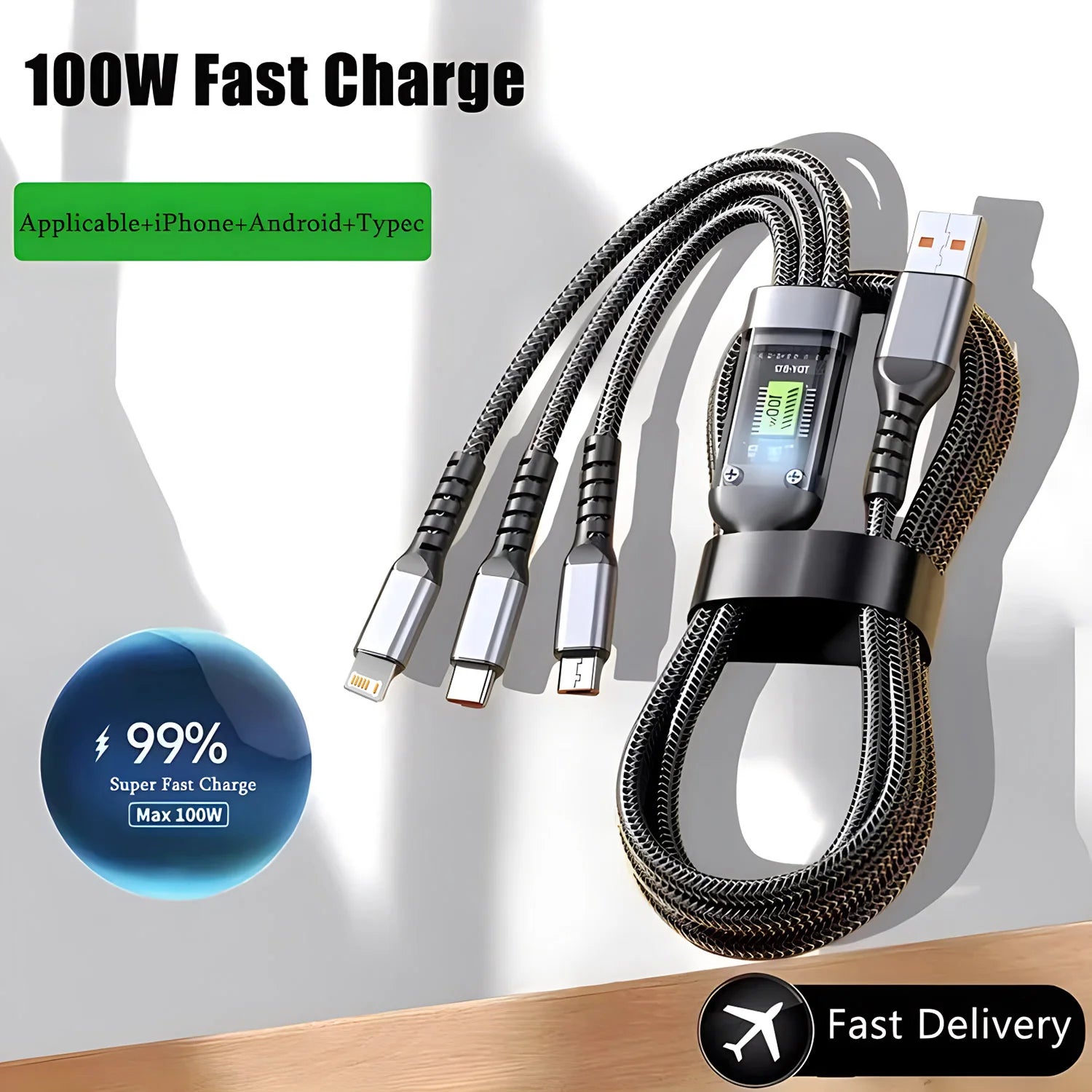 Transparent Luminous 3-in-1 Super Fast Charging Cable for iPhone 15/14/13 with Type-C and Micro USB Compatibility