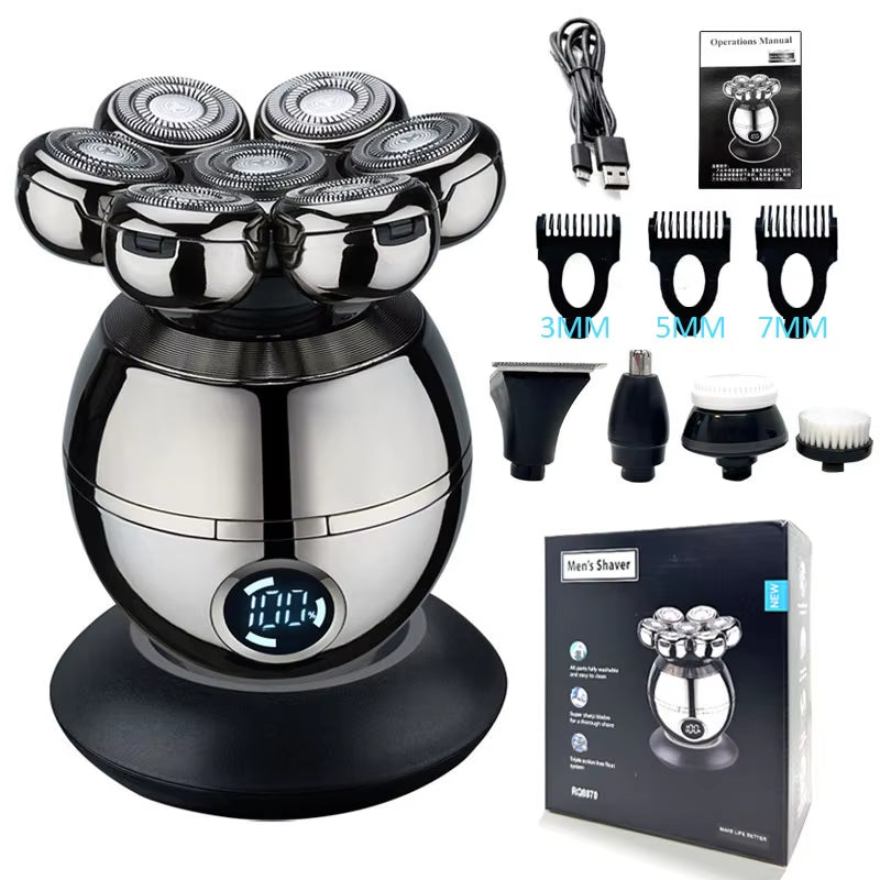 5-in-1 Electric Head Shaver for Men - Advanced 7D Floating Cutter, IPX5 Waterproof, USB Wireless Charging, and Multi-Grooming Kit.