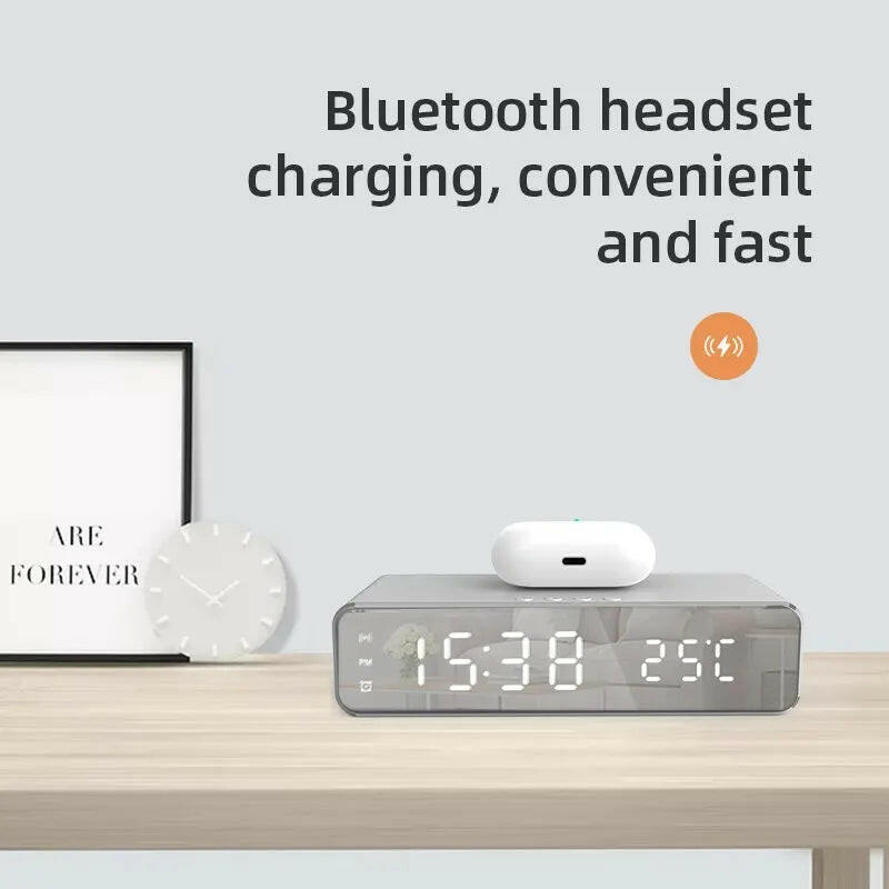 Wireless Charging Dock Station with Time Alarm Clock, LED Digital Thermometer, and Fast Charging for iPhone and Samsung Earphones.