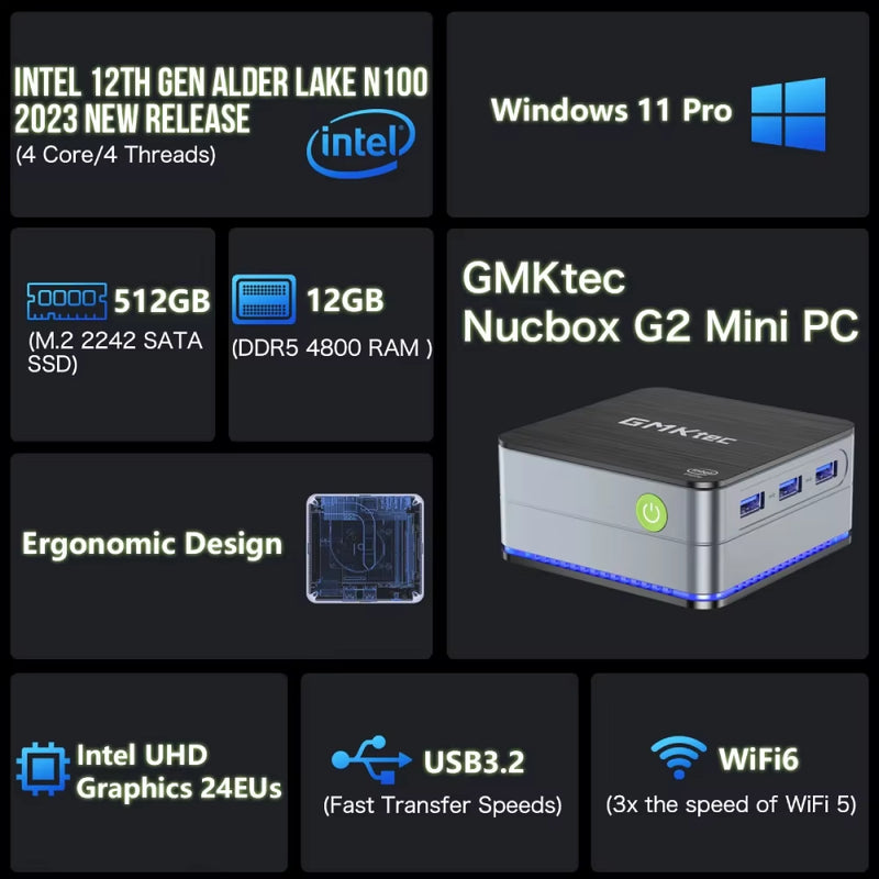 G2 Mini PC - Windows 11 Pro, Intel 12th Gen Alder Lake N100, 12GB DDR5 RAM, 512GB Storage, Wifi 6, Bluetooth 5.2 Desktop Computer