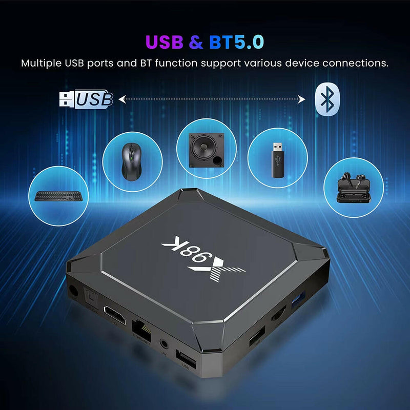 X98K Android 13 Smart TV Box with 8K Resolution, Dual Wi-Fi, and Bluetooth 5.0.