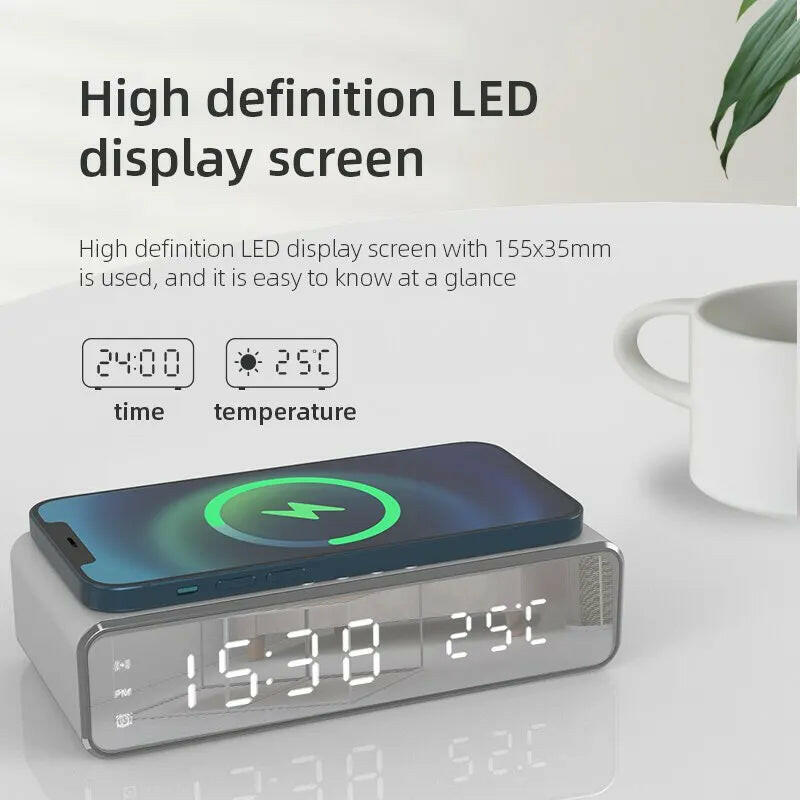 Wireless Charging Dock Station with Time Alarm Clock, LED Digital Thermometer, and Fast Charging for iPhone and Samsung Earphones.