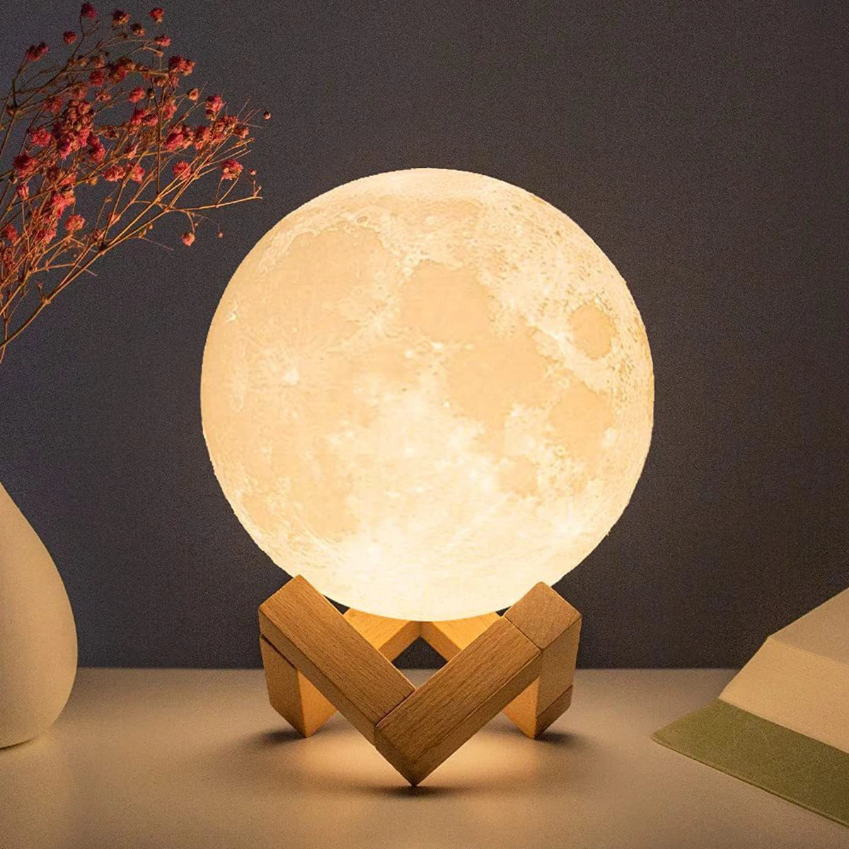 D5 8cm LED Moon Lamp with Stand - Battery Operated Starry Night Light for Bedroom Decor, Ideal Gift for Kids and Christmas