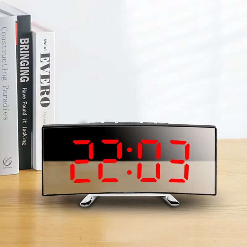 Creative Curved LED Alarm Clock with Dual-Purpose Mirror Design