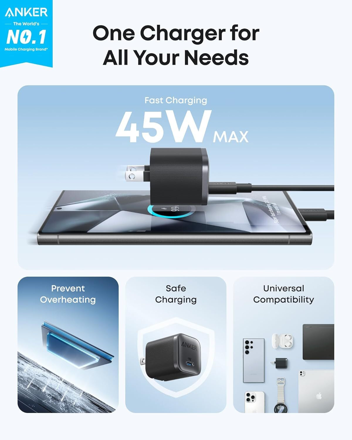 Anker Nano 45W Type C Charger+ 6Ft USB-C Charging Cable for Galaxy S25 Iphone 16