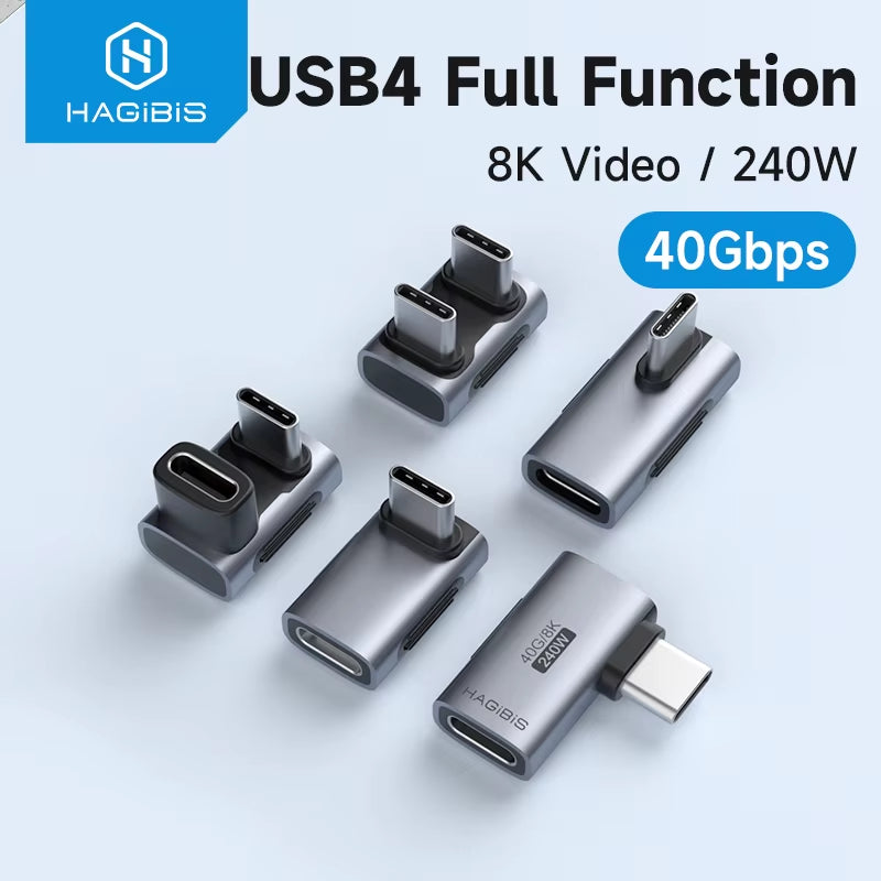 Hagibis 240W USB-C to USB-C Adapter, 40Gbps 8K 60Hz 90-Degree Converter, USB4 Compatible with Thunderbolt 4/3, MacBook, iPhone 16 Pro, and Tablets.