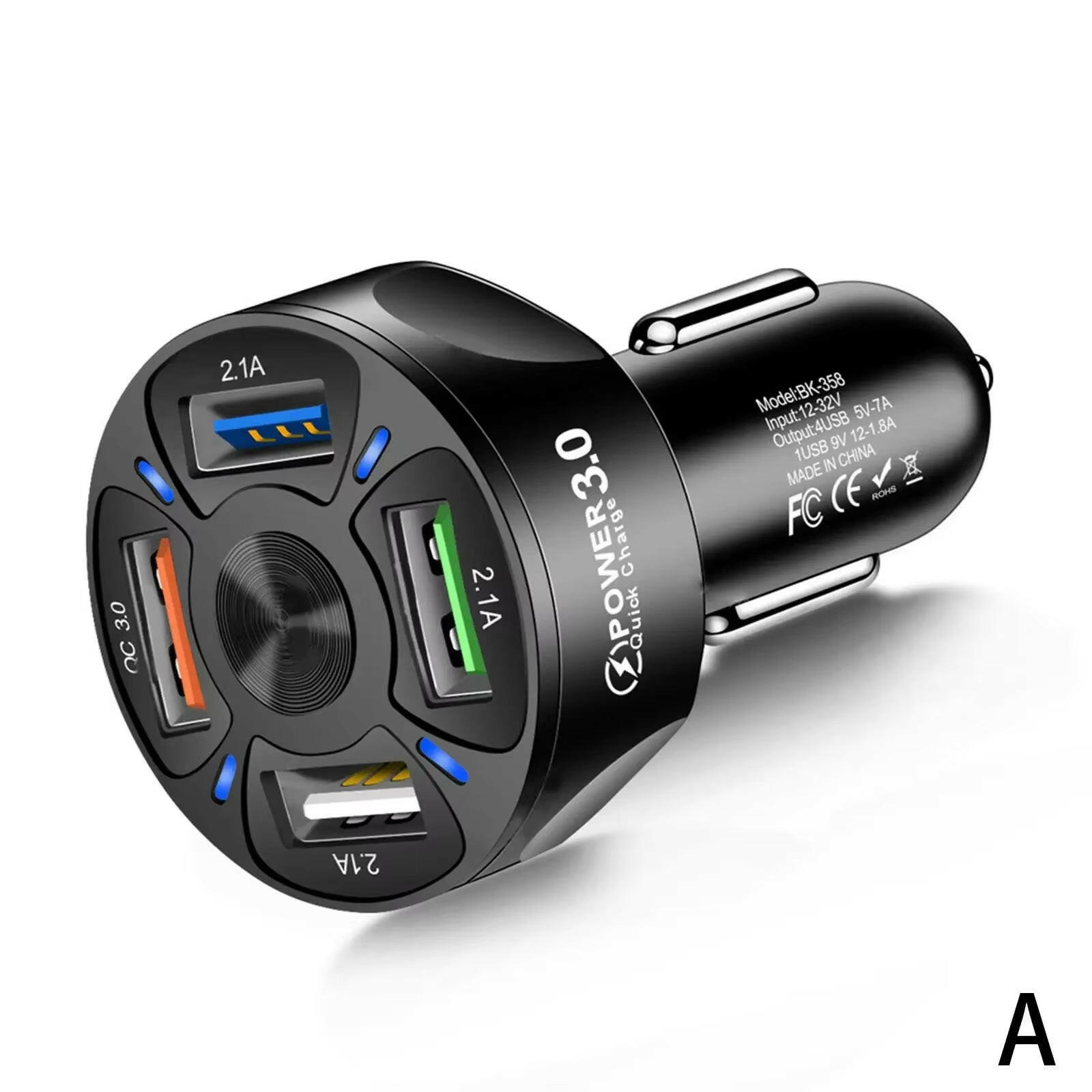 Car Charger with 4 USB Ports, Fast Charging LED Display, and QC 3.0 Adapter.