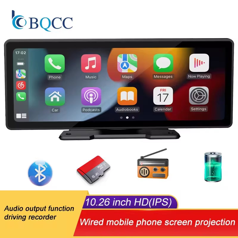 BQCC 10.26-Inch Portable Wireless CarPlay Display with HD Rearview Camera, Car Radio, DVR, MP5 Multimedia Video Player, and Android Auto Integration