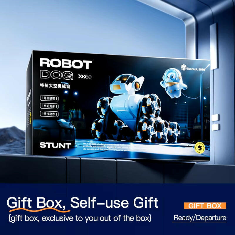 Intelligent Remote Control Robot Dog with Eight Wheels and Tail Spray Stunt Features - Four Skill Functions for Children.