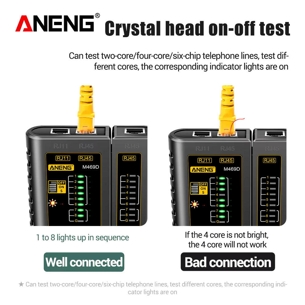 M469D Professional Network Cable Tester for RJ45, RJ11, RJ12, CAT5, and UTP - Essential Tool for Cable Diagnostics and Repair.
