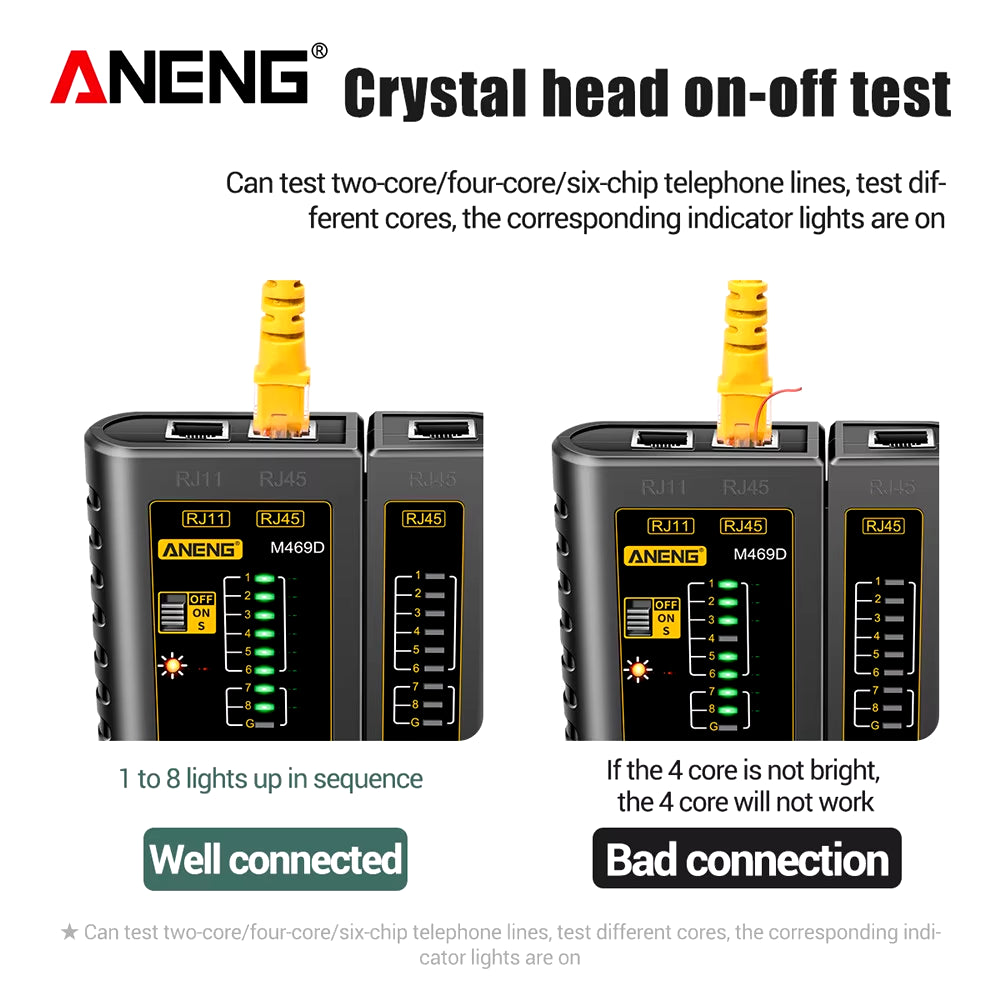 M469D Network Cable Tester for RJ45, RJ11, RJ12, CAT5, and UTP - Professional Networking Tool for Cable Repair