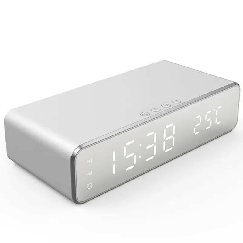 Wireless Charging Dock Station with Time Alarm Clock, LED Digital Thermometer, and Fast Charging for iPhone and Samsung Earphones.