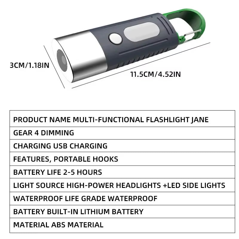 High-Power Mini LED Flashlight for Camping with Telescopic Zoom and Waterproof Design, Featuring 3 LEDs and Side Lights