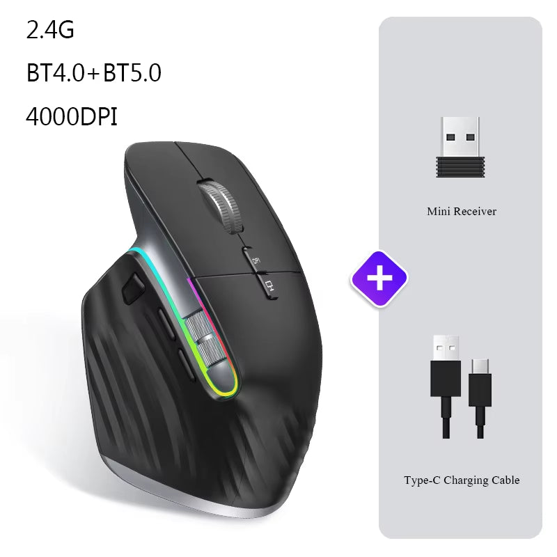 Wireless Mouse Bluetooth+2.4G Tri-Mode Mouse Mute Mice Ergonomic Gaming Mouse USB-C Rechargeable 5 DPI for Laptop PC Notebook