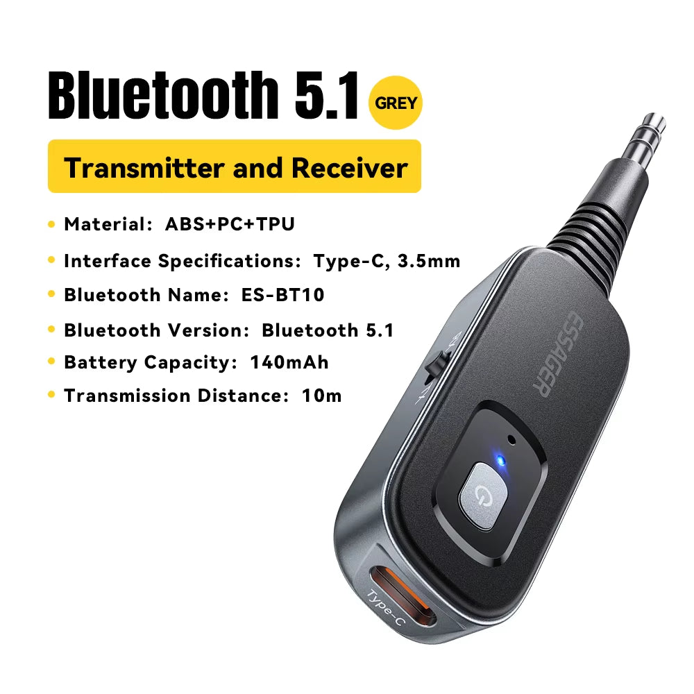 Bluetooth 5.1 Audio Receiver and Transmitter with 3.5mm AUX and Microphone for Wireless Stereo Music Streaming on PC, TV, and Car Speakers