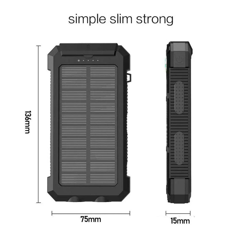 Waterproof solar power bank with 20000mAh capacity for reliable outdoor charging and energy efficiency. front and side pictures and dimensions. Simple slim strong